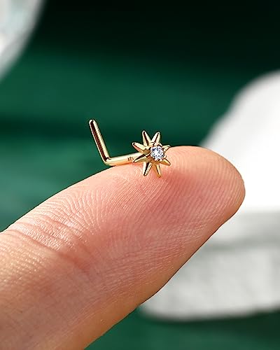 COCHARM 14K Solid Gold Sun Nose Stud 20g Yellow Gold L Bend Nostril Nose Stud 7mm Long Nose Piercing 14kt Real Gold Nose Stud Nose Ring Sparkling CZ Nickle Free Nose Bone Nose Jewelry3