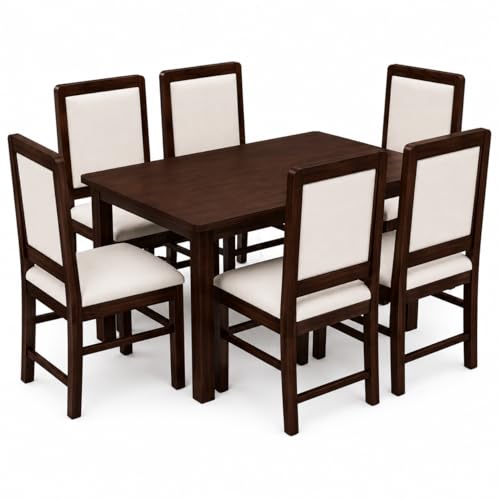 Image of VK Furniture Premium Solid Wood 6 Seater Dining Table Set of 6 for Home | Sheesham Wooden Dining Table with High Back Cushioned 6 Chairs Walnut |Dinning Table 6 Seater Chairs for Home| Cream Walnut