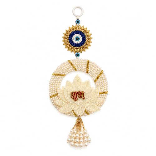 Image of eCraftIndia Set of 2 Shubh Labh Evil Eye Door Hanging for Home Entrance Decor | Lotus Design Wall Hanging with Nazar Protection Charm | Festive Toran for Main Door, Office & Vastu Decor
