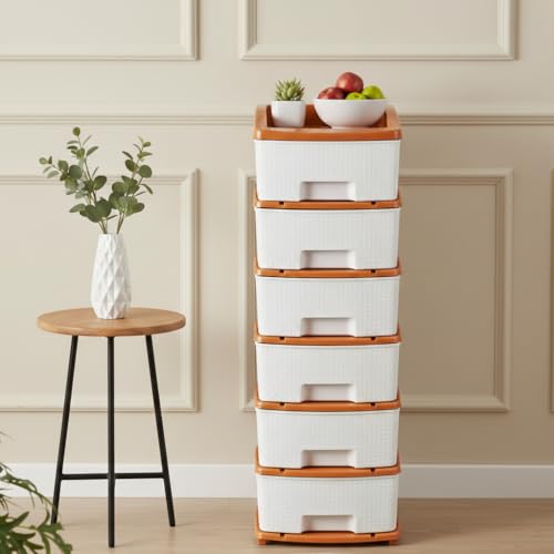 Image of KITCHIVO Plastic Modular Drawer Storage Chest Of Drawers Organizer Storage Box, Large Stomo Racks For Multipurpose Anti-slip Shoes Organizers (White & Golden, 6 Layer)