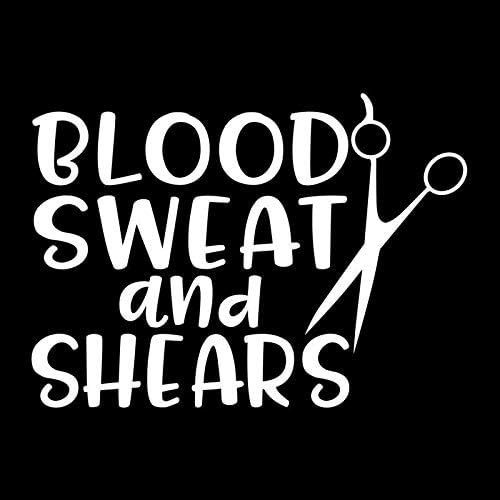 Calcomanía de vinilo de cosmetología de Blood Sweat and Shears Autos, camiones, camionetas, SUV, paredes, tazas, portátiles, 5 pulgadas, blanco,