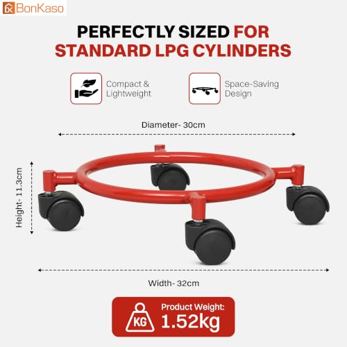 Image of Bonkaso Gas Cylinder Trolley with Handle, Heavy-Duty Alloy Steel Stand with 4 PP Twin-Wheel 360 Swivel Casters, 60 kg Load Capacity, Powder-Coated Red Finish