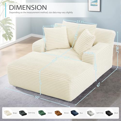 Image of 67 Inch Chaise Lounge Chair Indoor, Oversized Corduroy Upholstered Boneless Sofa Bed, Deep Seat Sleeper Couch Reading Chairs, Cloud Sofas Couches for Living Room, No Assembly Required (Beige)