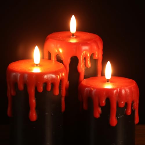 Image of Eldnacele Black Flameless Pillar Candles Battery Operated with 6H Timer, Red Real Wax Dripping Effect 3D Wick Flickering LED Candle Lights Dinner Halloween Decoration(3 Pack, 3 x 4,5,6 Inches)
