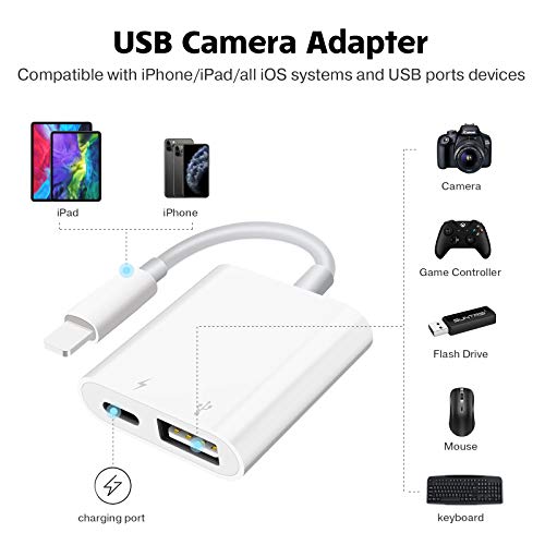 USB Camera Adapter, USB Female OTG Adapter Compatible with iPhone/iPad, Portable USB Adapter for iPhone with Charging Port, iPad to USB Adapter No Application,Support card reader Plug and Play (White)