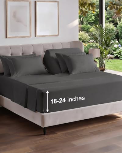 Image of Extra Deep Flex Top Split Head King Sheet Set - 6 Piece Breathable and Cooling Sheets - Hotel Luxury Bedding for Women, Men, Kids & Teens - Easy Secure Fit - Extra Deep Pockets - Charcoal