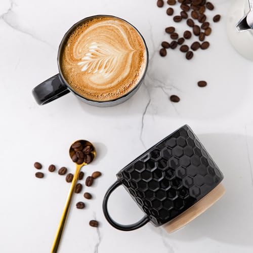 GBHOME 15OZ Stackable Coffee Mugs, Ceramic Coffee Mugs with Texture Patterns for Man,Woman,Dad,Mom, Modern Coffee Cups Set of 4 for Latte/Cappuccino/Cocoa. Dishwasher&Microwave Safe,Black
