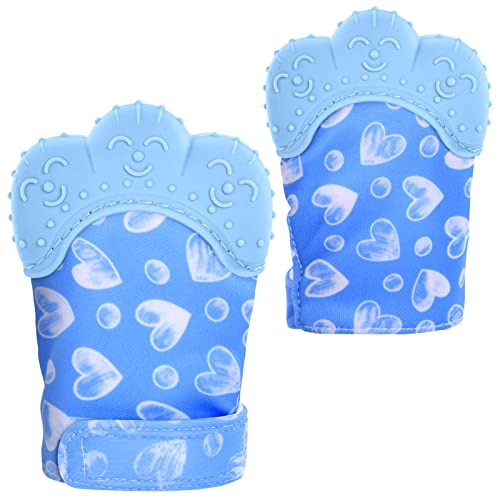 Vicloon Baby Teething Set, 2 Pack Teething Mittens for Baby, Includes 2 Silicone Mitten Teether Glove, Teething Glove, Infant Soothing Pain Relief Mitt Baby Teether Mits for Baby（Blue）