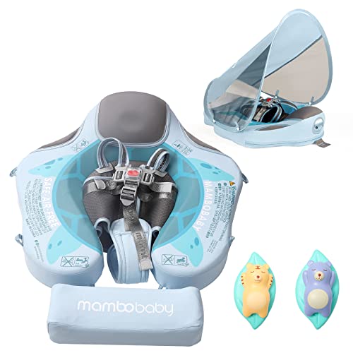 Image of Baby Swimming Float - Mambobaby Float Non Inflatable Baby Pool Float with Sun Protection Canopy & Tail No Flip Swim Trainer Over Baby Floats