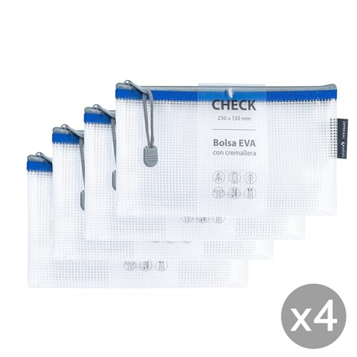 Grafoplas 4er-Pack Taschen mit Reißverschluss, EVA-Kunststoff, transparent, blauer Reißverschluss, ideal für den Transport und Schutz aller Arten von kleinen Gegenständen, Schecks oder Gutscheinen