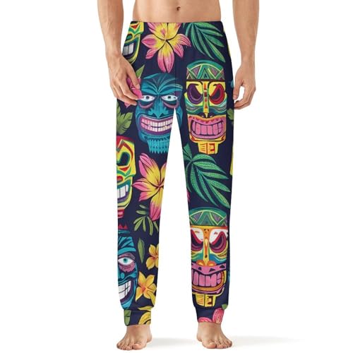 Hawaii Tiki Masks And Florals Pajamas for Men Lightweight Pjs Sleepwear Soft Sleep Lounge Pant with Elastic Waistband