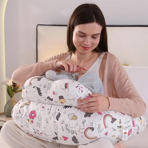 Image of Proliva Feeding Pillow for New Born Baby with Detachable Cover Breast Feeding & Maternity Nursing Pillow for Breastfeeding Support for Baby Feeding Pillow for Mom (White-Unicorn-A2)