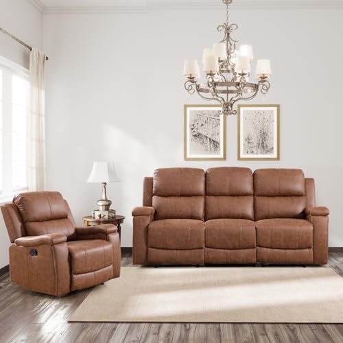 Image of CANMOV Faux Leather Manual Recliner Sofa Set, Manual Reclining Sofa and Recliner Chair with Concealed Cup Holders for Living Room,Bedroom Furniture,Brown
