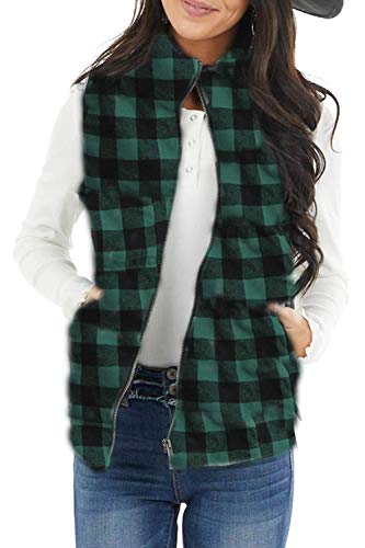 Yanekop Womens Buffalo Plaid Zip Up Vest Sleeveless Jacket Coat Quilted Outwear with Pockets(Green,XL)