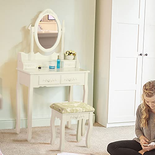 Vanity Set With Mirror,Durab Vanity Benches Vanity Table And Chair Set Makeup Dressing Table Makeup Table With 360° Rotating Oval Mirror Stool Wood Dressing Table With 4 Drawers For Teens Girls,White #TOP1