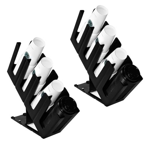 Rangement organisé avec support pour tasses et couvercles noirs