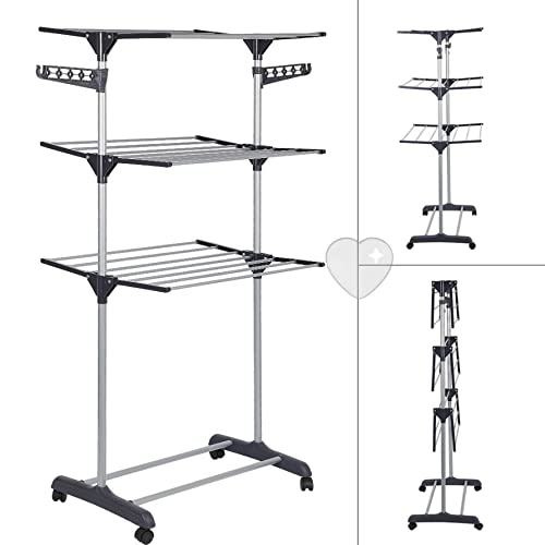 Tendedero de Ropa Plegable Vertical,Tendedero de Ropa Tipo Torre de Tres Estante Plegable con Cuatro Ruedas, Espacio de Secado, con Capacidad para 15 KG (72 * 56 * 152cm (Gris))