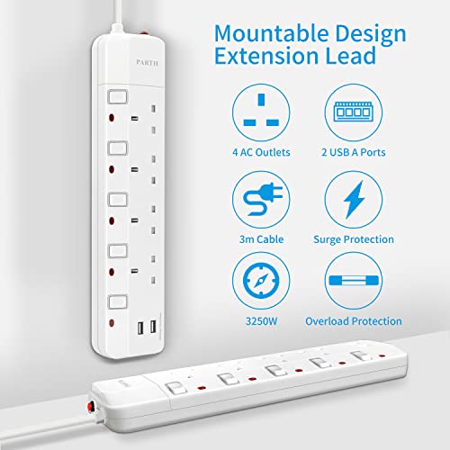 PARTH 3m Extension Lead with USB Slots Surge Protected - 3 Meter Extra Long Cords Extension Cable 4 Way Socket Surge Protection - Wall Mounted UK Plug - Multi Plugs Power Strip with Switches - Image 3