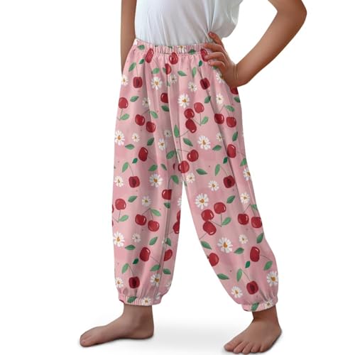 Renewold Loose Sweatpants for Kids Teens Girls Boys Active Jogger Pants Casual Lounging Bottoms Cherry Daisy Print Comfortable Soft Trousers for Hiking Cycling Dance Baggy Activewear Size M