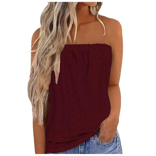 Keepink Women Strapless Tube Tops Bandeau Casual Loose Sleeveless Tee Summer Flowy Y2K Flowy Tunic Vest Shirt Breathable Plain Blouse Sexy Off The Shoulder Blouse