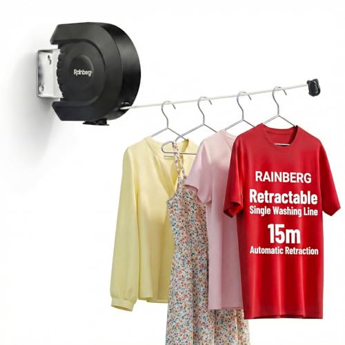 Rainberg 15m Retractable Single Washing Line | Strong and Durable Holds up to 15KG | Extendable Clothes Line, Automatic Retraction, Wall-Mounted | Space-Saving, PVC-Coated, Indoor & Outdoor Use, Black