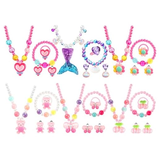 BTHRORO 6 conjuntos de joias de princesa, colar de contas, pulseira, anel, brincos de encaixe, bijuterias com cauda de sereia, borboleta, urso, coração, flor, cereja, pingente, acessórios para o Natal