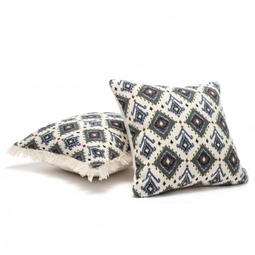 Image of Cotton Cushion Covers 16x16 Inch | Handwoven Printed White Decorative Square Cushion Case with Fringe | Sofa, Living Room, Bedroom, Diwan Home Decor Throw Cushion Cover