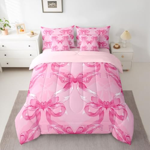 Image of Pink Bow Full Size Bed Sheets and Comforter Set | Cute Ribbon Bowknot 7 Piece Bedding Set Princess Bow Bed in a Bag, Kawaii Bow Tie Room Decor,Light Pink Room Decor Aesthetic