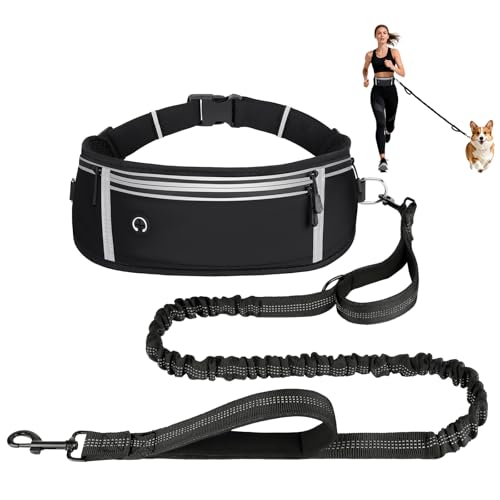 OFFCUP Main Libre Chien, Élastique Laisse Canicross, Ceinture Canicross pour Chiens avec Sac Banane et Couture Réfléchissante, Idéal pour Course à Pied,...