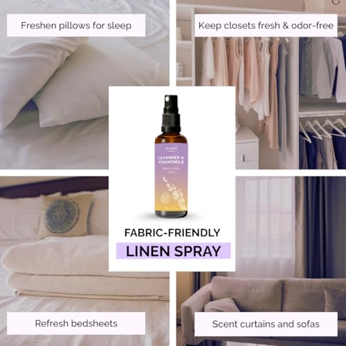 Image of Lavender and Chamomile Room, Linen & Pillow Spray by Aromafume | 100ml /3.38 fl oz | with Pure Lavender Essential Oil | Aromatherapy Spray for Relaxation, Sleep & Stress Relief