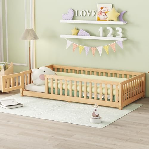 ACQCA Twin Size Floor Bed with Fence and Lockable Door, Wood Montessori Bed Frame with Slat Support for Kids,Boys,Girls,Easy Assembly, Natural