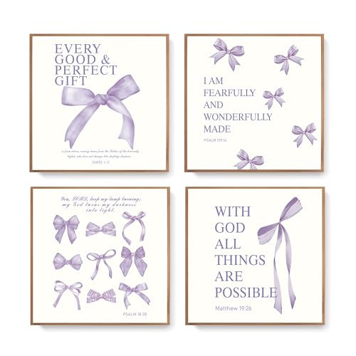 Image of LARTSFRO Coquette Purple Bow Wall Art Decor Posters, Purple Bow Room Bedroom Bathroom Dorm Wall Art Decor Aesthetic for Teen Girls Gifts, Inspirational Bible Verses Bow Wall Decor, 10x10 Inch Set of 4 Pcs Bow Pictures (UNFRAMED)