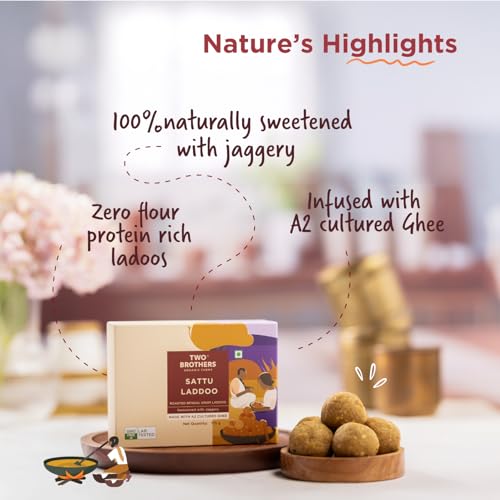 Image of TWO BROTHERS ORGANIC FARMS Sattu Laddoo (175 g) | Wholesome, Nutritious & Delicious | Made with Jaggery, Roasted Almonds & Desi Gir Cow Ghee | No Refined Sugar | High in Iron & Protein | Traditional & Guilt-Free Treat