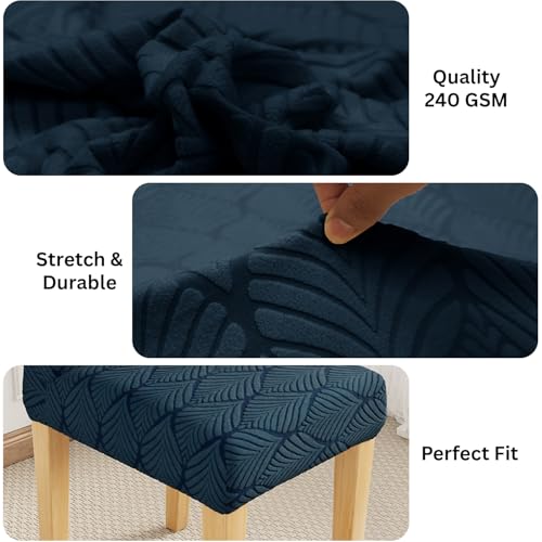 Image of Lukzer Elastic Dining Chair Cover - 6PC Pastel Marine Blue Leaf Trail | Textured High Stretch Jacquard Seat Cover | Removable Washable Short Dining Chair Cover Protector Seat Slipcover | (CC-131-06)