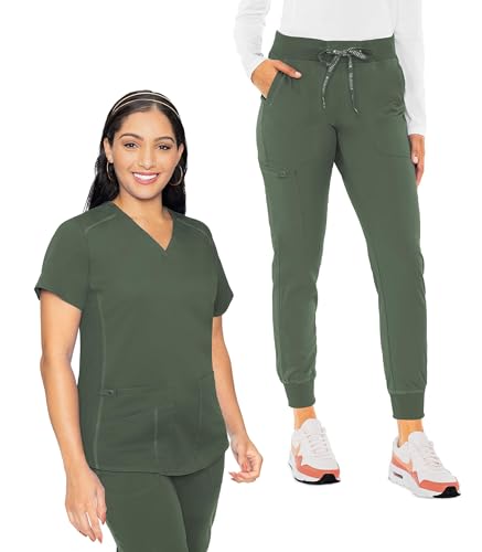 Med Couture Scrub Set for Women V-Neck Shirttail Top with Jogger Pant Olive L