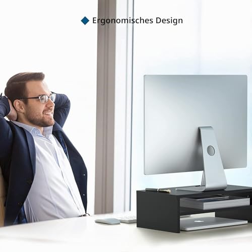 BONTEC Monitorständer, Unterbau Bildschirm, PC Bildschirm Ständer mit Handyhalter, Ergonomischem Laptop-Druckerständer mit Kabelführung für Laptop, Computer, Notebook, iMac, PC, 42CM, Schwarz