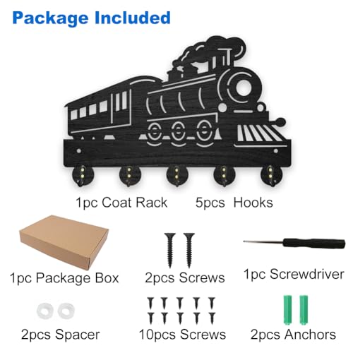 MAYJOYDIY Train Wall Mount Coat Rack Wood Steam Key Hanger 30×20cm Retro Tracks Key Holder 5 Alloy Hooks Black Wall Art Decor for Living Room Office Entryway Gift - Image 3