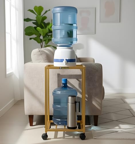 Image of 2-Tier Metal Water Dispenser Stand with Lockable Wheels ? Heavy-Duty Frame Cart for 20?25L Bottles, Cans & Jars | Multifunctional Kitchen & Home Storage and Mobility Solution (Golden)