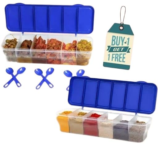 Image of Pack of 2 PCS Combo, Multipurpose 6-in-1 Masala Box for Kitchen| Airtight BPA-Free Plastic 6 Section Storage Container with Spoons, 1800 ml Transparent Pickle Spices|AP03