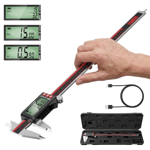 YUWEIC Digital Caliper 12 Inch, Rechargeable Calipers with LCD Screen, Inch/MM/Fraction, Stainless Steel Vernier Caliper Measuring Tool for DIY, Household, Jewelers Tools, 3D Printer