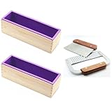 DD-life 2 Pcs Flexible Rectangular Soap Silicone Loaf Mold Wood Box for 42oz Soap Making Supplies with 2 Stainless Steel Wavy & Straight Soap Mold Loaf Cutter Cutting Tool (Purple)