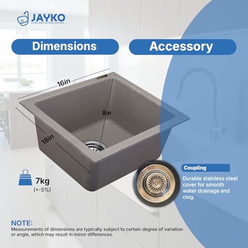 Image of JAYKO Quartz Acrylic Kitchen Sink for Modular Kitchen | Granite Finish, Scratch & Heat Resistant | Easy to Clean & Stylish Sink for Home (UBR, 16x18in)
