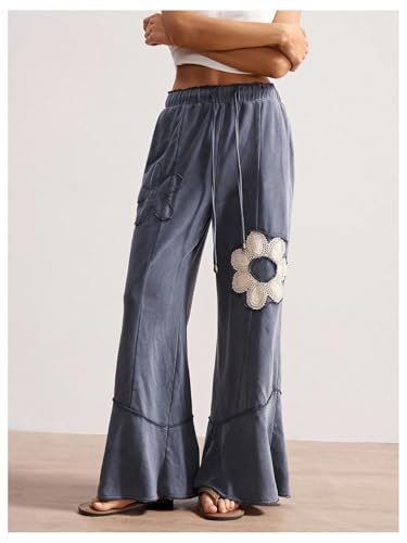 Women's Floral Patchwork Pants Wide Leg Baggy Pants Drawstring Waist Long Trousers with Pockets3