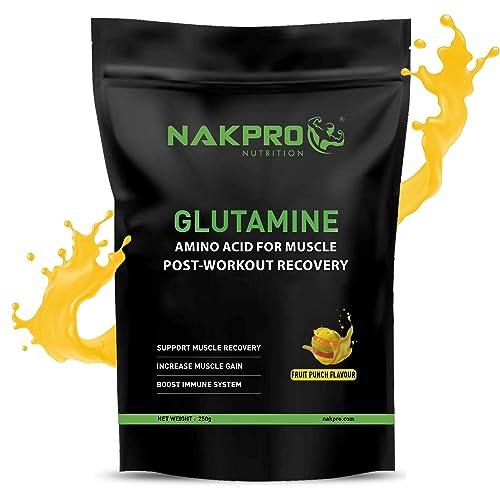 Image of Nakpro L-Glutamine Powder | 4g Glutamine Per Serving, 50 Servings | Post Workout Amino Acid Supplement for Muscle Growth and Recovery (Fruit Punch, 250g)