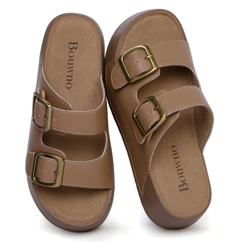 Image of Platform Sandals Women Genuine Leather Slip-on Beach Slide Buckle Comfortable Sandals with Memory Foam Soft Lining and Open Toe Low Wedges