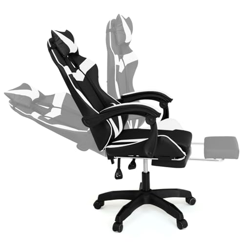 IDMarket - Fauteuil de Gaming Alex réglable avec Repose-Pied, Coussin de tête et Coussin Lombaire Noir et Blanc