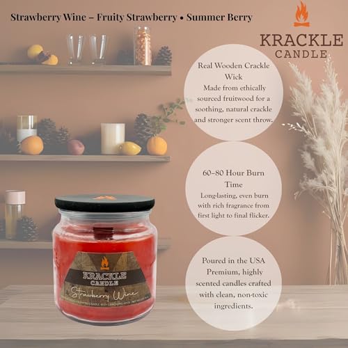Image of Krackle Candle | Strawberry Wine | 16 oz Scented Candle with Natural Crackling Wooden Wick | Poured in the USA | Fruity Strawberry & Summer Berry Fragrance