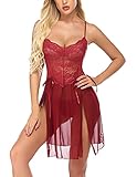 Avidlove Lace Babydoll Lingerie for Women Mesh Sleepwear Classy Lingerie Nightwear Wine Red Large