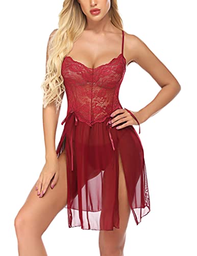 Avidlove Lace Babydoll Lingerie for Women Mesh Sleepwear Classy Lingerie Nightwear Wine Red Large