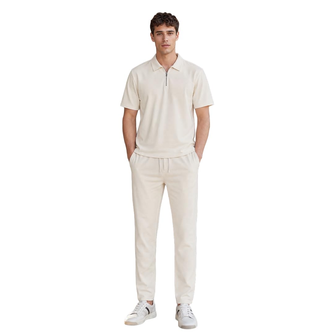 nobero Men Relaxed Fit Voyage Zip Polo and Joggers Co-ord Set(1M-LWCS-R0471-CC3_Cannoli Cream_M)-picture-33